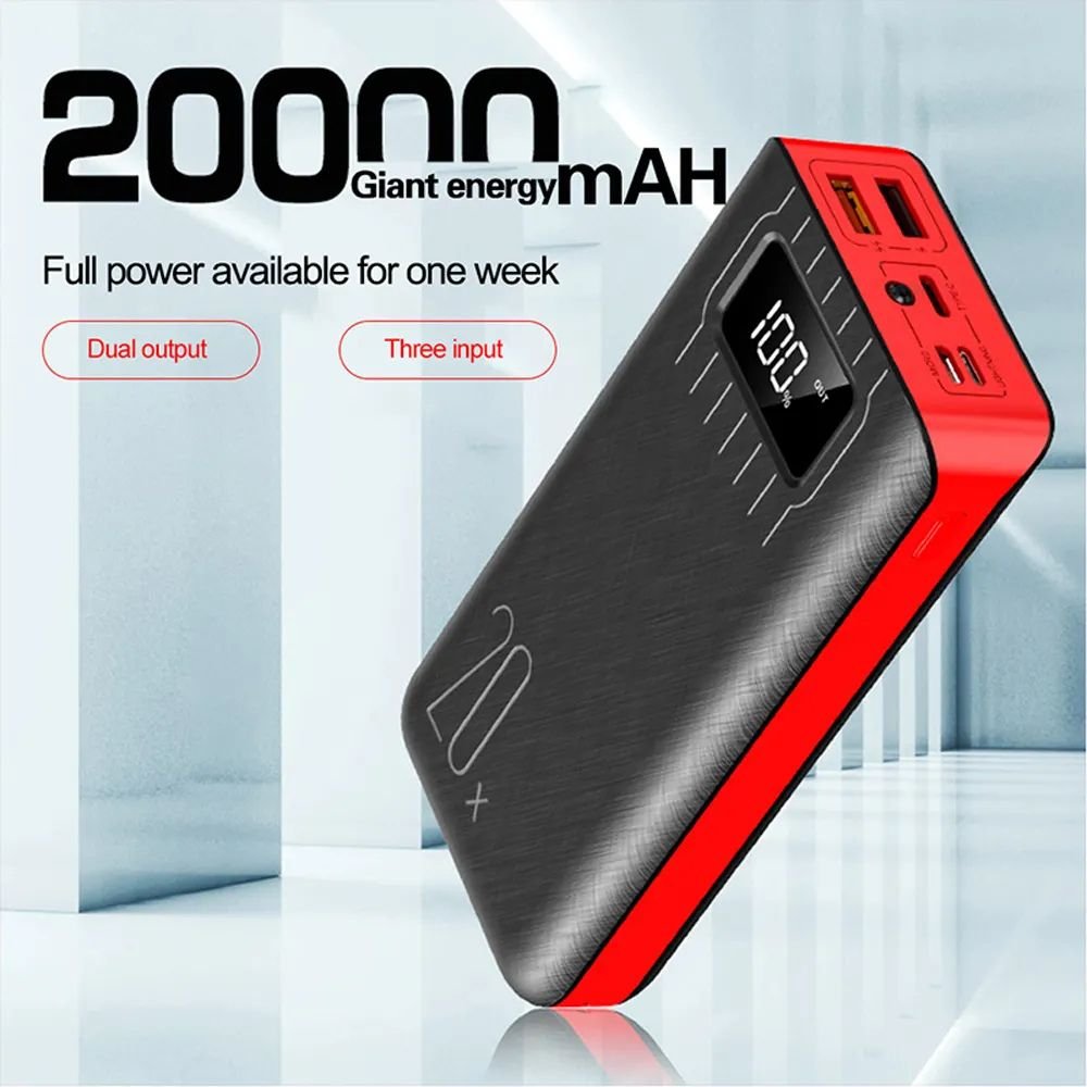 20000mAh Power Bank - Dual USB Portable Charger with LED Flashlight